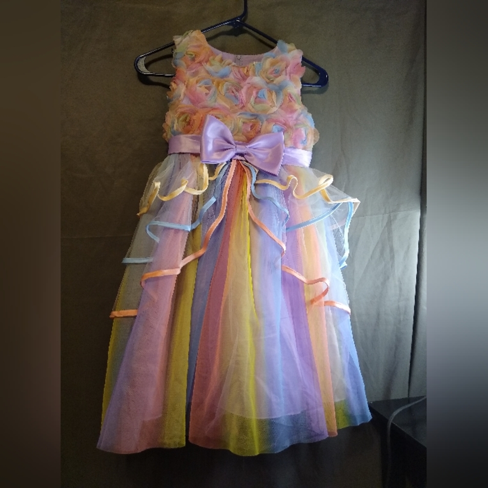 NNJXD Rainbow Floral Dress with Bow